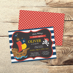 Blue White Stripes Pirate Ship Birthday Invitation Kaart