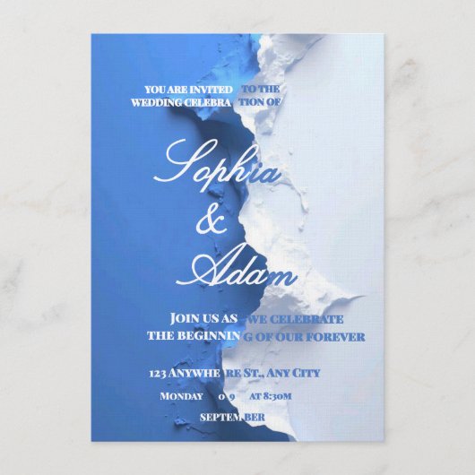 Blue & White Textured Art Wedding Invitation (Devant)