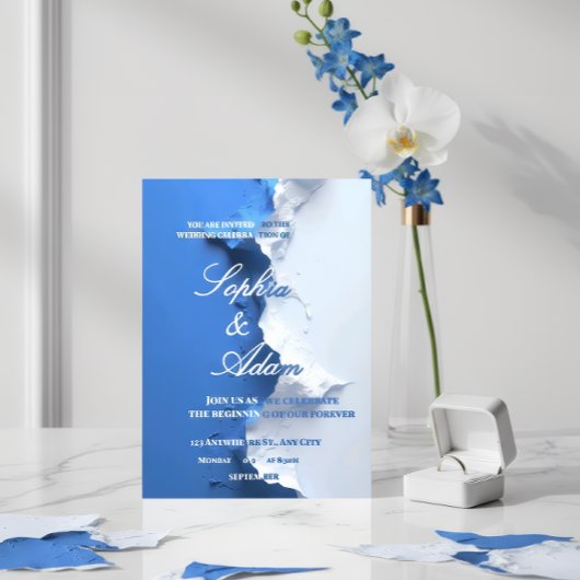 Blue & White Textured Art Wedding Invitation
