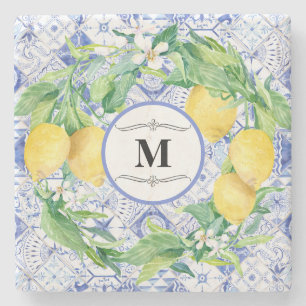 Blue White Tile Lemon Citrus Wreath Farmhouse Art Stenen Onderzetter