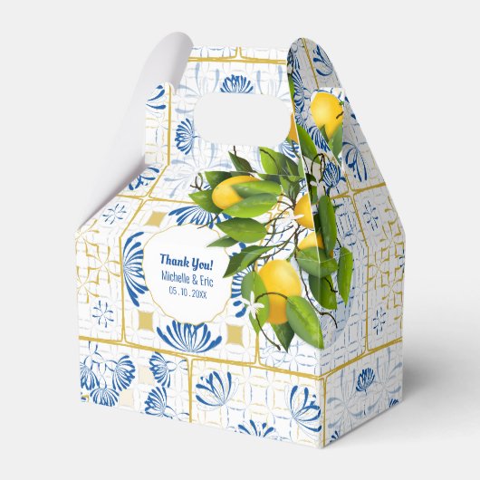 Blue White Tile Lemon Mediterranean Wedding Bedankdoosjes (Voorkant Zijde)