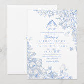 Blue White Toile French Floral Wedding  Kaart (Voorkant / Achterkant)