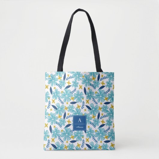 Blue White Tropical Floral Pattern - Jouw naam toe Draagtas (Voorkant)