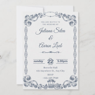 Blue White Vintage Classic Elegant Wedding Invitat Kaart