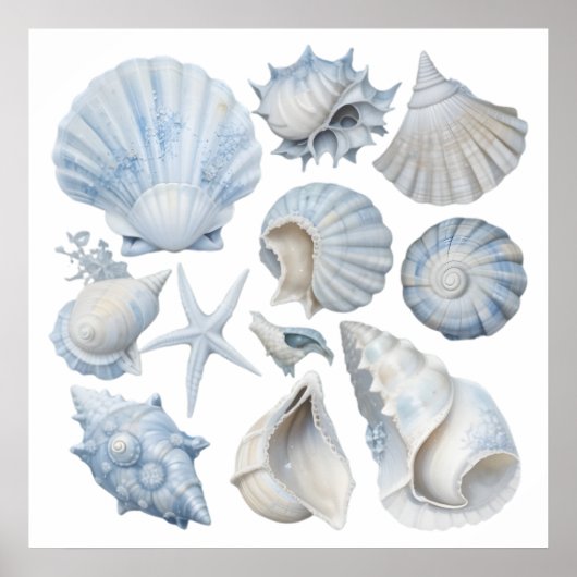 Blue & White Waterverf Seashells – Ocean Nursery Poster (Voorkant)