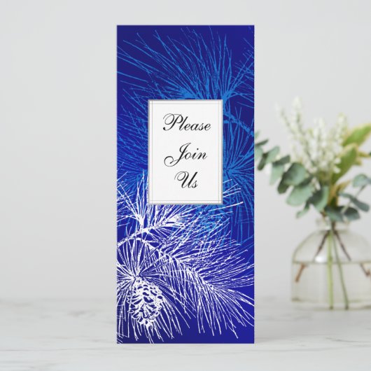 Blue White Winter Pine Custom Holiday Invitations (Debout devant)