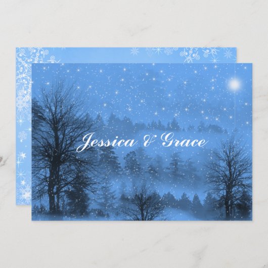 Blue White Winter Wedding Invitation Kaart (Voorkant / Achterkant)