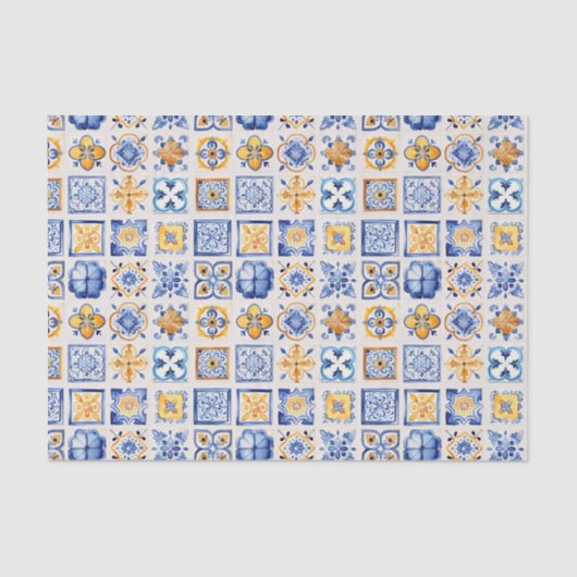 Blue White Yellow Tiles Pattern Summer Aesthetic Tissuepapier (Voorkant)