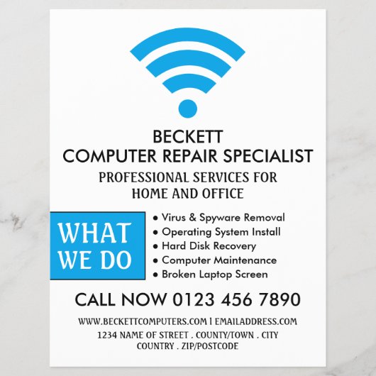 Blue Wi-Fi Logo, Computer Repair Specialist Advert Flyer (Voorkant)