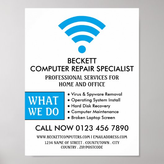 Blue Wi-Fi Logo, Computer Repair Specialist Advert Poster (Voorkant)