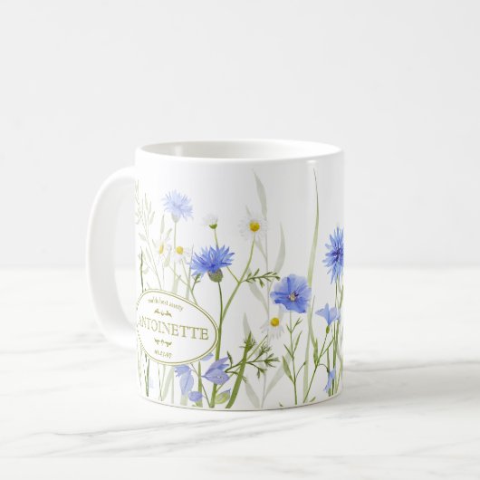 Blue Wild Flower Personalised Birthday Message Koffiemok (Voorkant links)