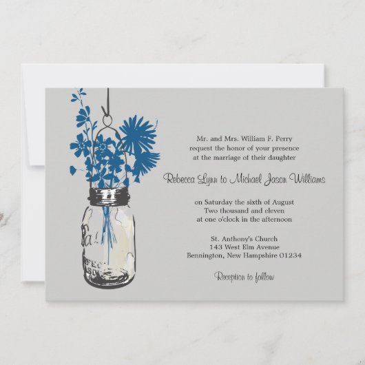 Blue Wild flowers & Mason Jar Mariage Invitations (Devant)