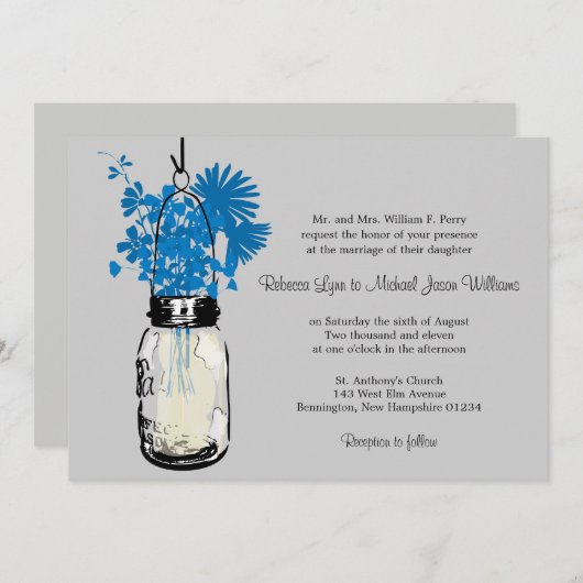 Blue Wild flowers & Mason Jar Mariage Invitations (Devant / Derrière)