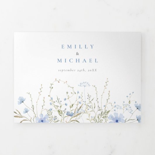 Blue Wildflower Periwinkle Wedding All In On Drieluik Uitnodiging (Cover)