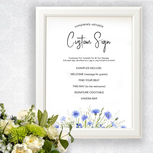 Blue Wildflower Universal Wedding Sign Sjabloon Poster