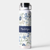 Blue Wildflower Watercolor Monogram Name Waterfles (Achterkant)