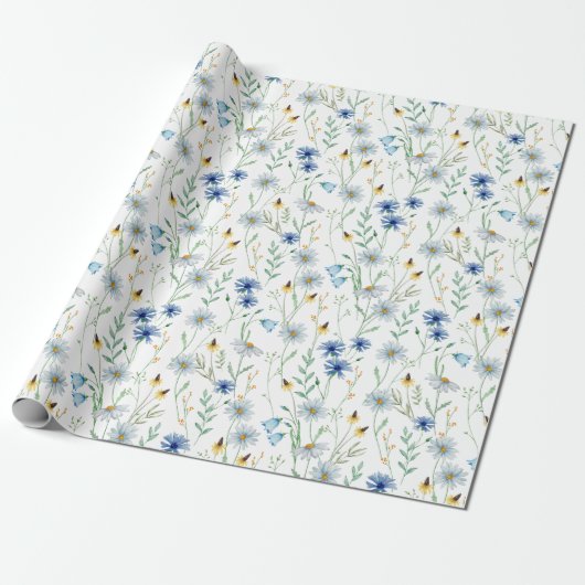 Blue Wildflower Waterverf Cadeaupapier (Uitgerold)
