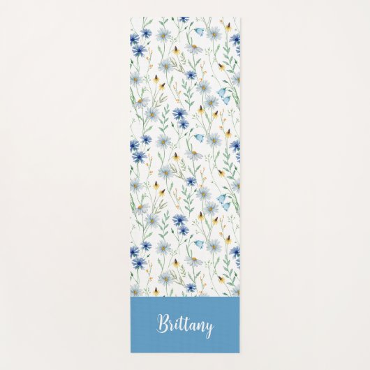 Blue Wildflower Waterverf Custom Name Yogamat (Voorkant)