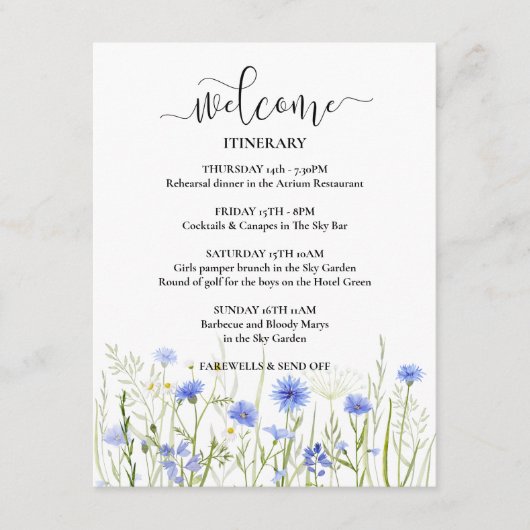 Blue Wildflower Wedding Weekend Itinerary Welkom Informatiekaartje (Voorkant)