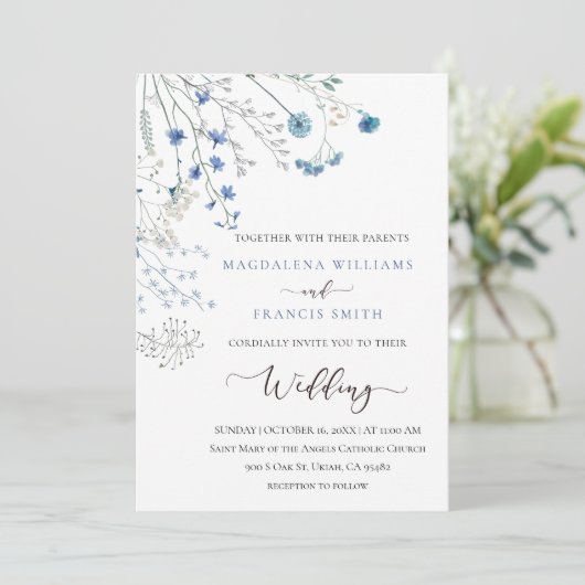blue wildflowers wedding invitation (Debout devant)