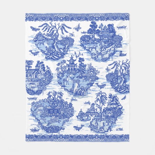 Blue Willow Animal Pagoda Asian  Pattern Fleece Deken (Voorkant)