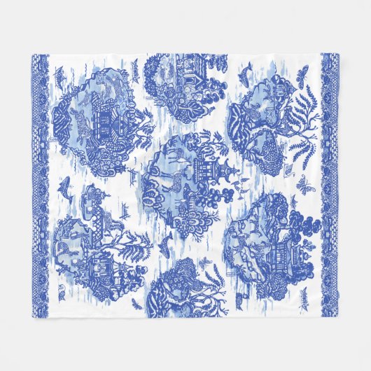 Blue Willow Animal Pagoda Asian  Pattern Fleece Deken (Voorkant (Horizontaal))