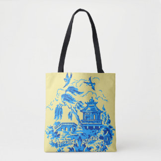 Blue Willow China op Butter Yellow Canvas tas