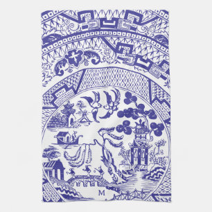 Blue Willow China Pattern Antiek  Monogram Theedoek