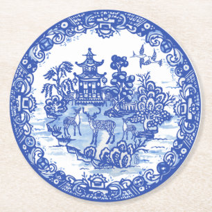 Blue Willow Deer Herd Antiek Pagoda Phoenix Ronde Kartonnen Onderzetter