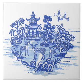 Blue Willow Deer Herd Antiek Pagoda Phoenix Tegeltje
