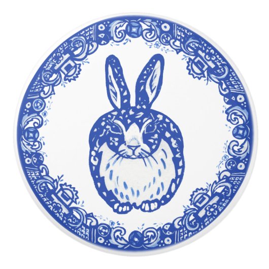 Blue Willow Design Bunny Rabbit Cute Whimsical Keramische Knop (Voorkant)