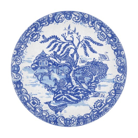 Blue Willow Fox Rabbit Squirrel Bird Whale Pagoda Snijplank (Voorkant)
