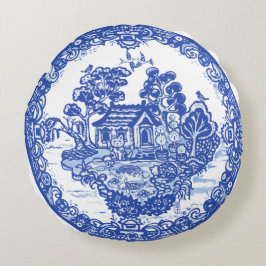 Blue Willow Lucky Cat Koi Pond China Temple Unieke Rond Kussen