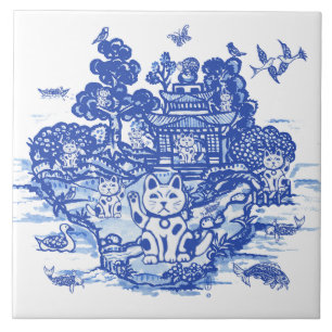 Blue Willow Lucky Cat Whimsical Chinoiserie Art Tegeltje