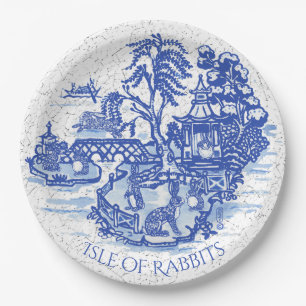 Blue Willow Rabbit Island Whimsical Classic Art Papieren Bordje