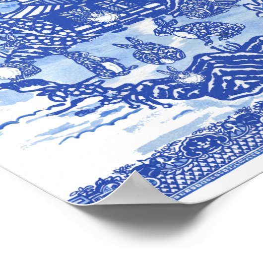 Blue Willow Rabbit Island Whimsical Oriental Art Poster (Hoek)