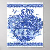 Blue Willow Rabbit Island Whimsical Oriental Art Poster (Voorkant)