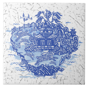 Blue Willow Rabbit Isle Willow Antiek Fantasy Art Tegeltje