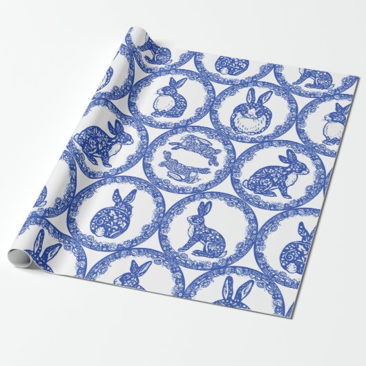 Blue Willow Rabbit Whimsical Isle of Rabbits Cadeaupapier (Uitgerold)