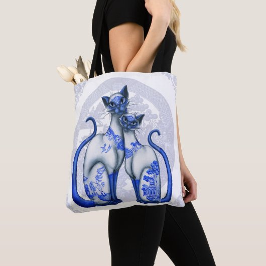 Blue Willow Siamese Cats Canvas tas (Dichtbij)