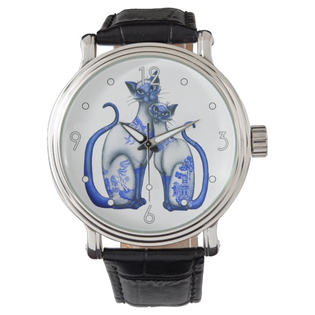 'Blue Willow Siamese Cats' horloge (Voorkant)
