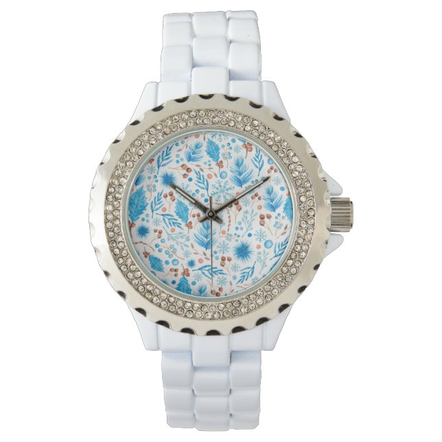 Blue Winter Botanical Pattern in Waterverf Horloge (Voorkant)