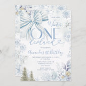 Blue Winter Bow Onederland Snowflake 1st Birthday Kaart (Voorkant / Achterkant)