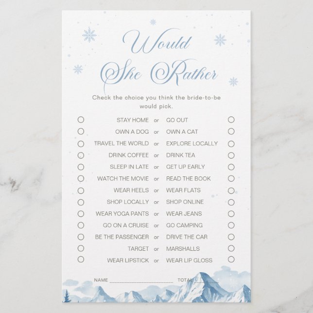 Blue Winter Bridal Shower Would She Rather Game (Voorkant)