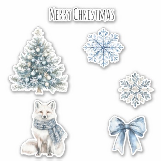 Blue Winter Christmas Tree Fox Snowflakes Bow Sticker (Voorkant)
