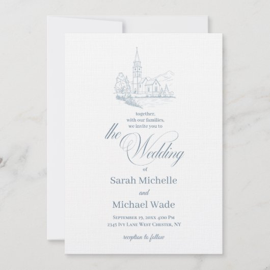 Blue Winter Church Calligraphy Wedding Invitation (Devant)