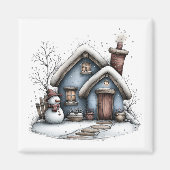 Blue Winter Cottage Christmas Magnet Magneet (Voorkant)