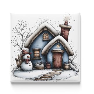 Blue Winter Cottage Christmas Magnet Magneet