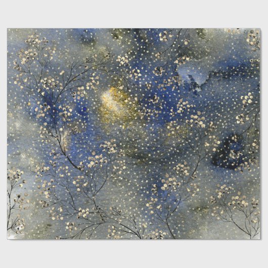 Blue Winter Dusk Sky Gold Berries & Snowfall Cadeaupapier (Vlak)
