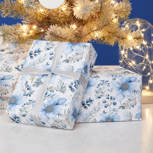 Blue Winter Floral Pattern Cadeaupapier (Feestdagen)